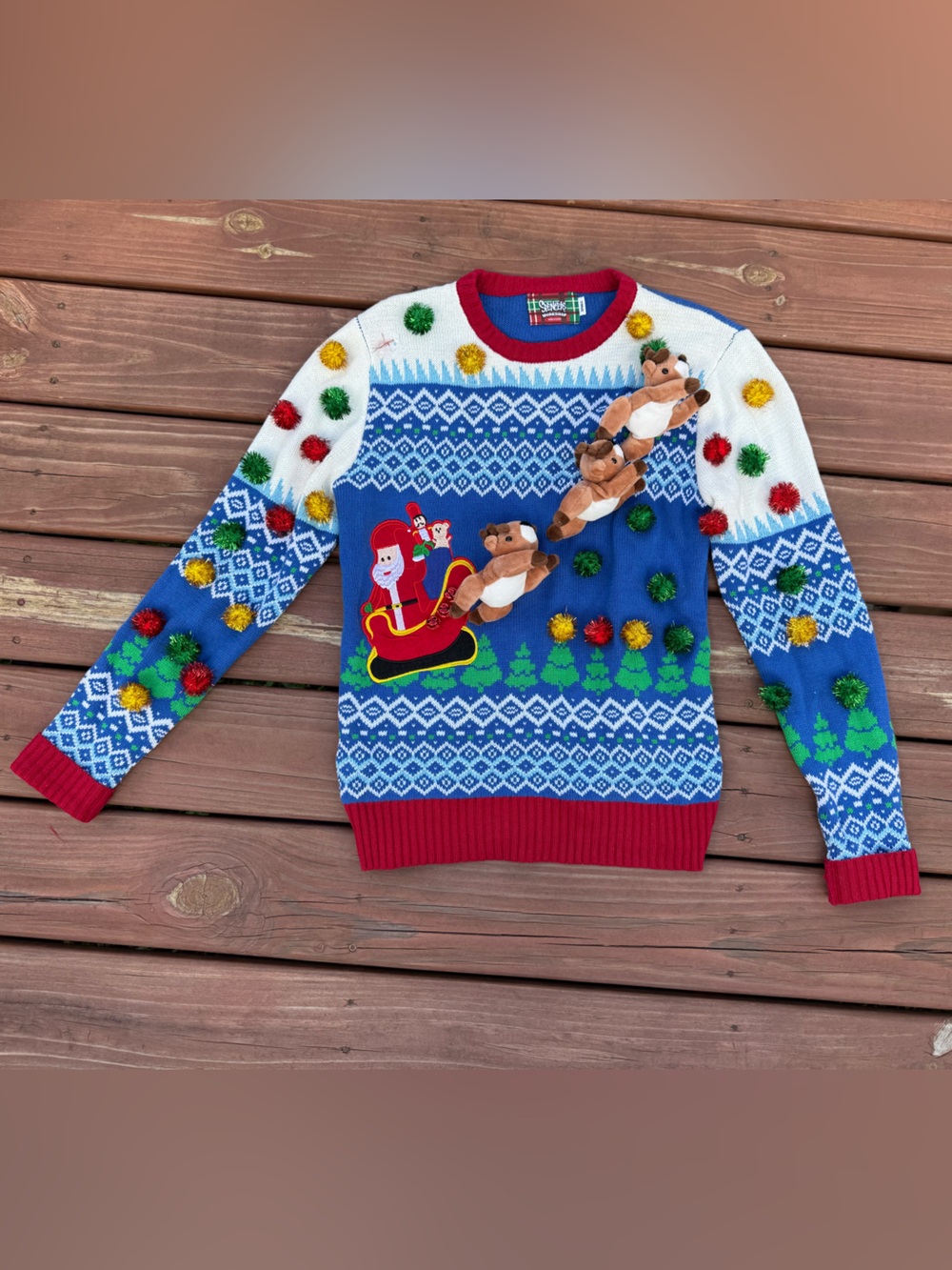 Spencer's Blue White Red Holiday Pom Pom Teddy Sleigh Sweater